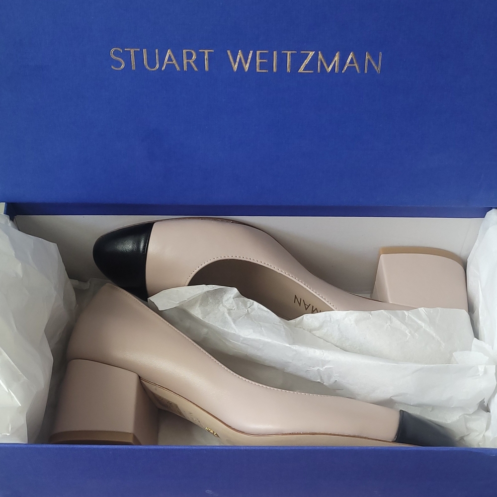 Stuart Weitzman Women's Black and Cream Cap-Toe Heels - Picture 2 of 12
